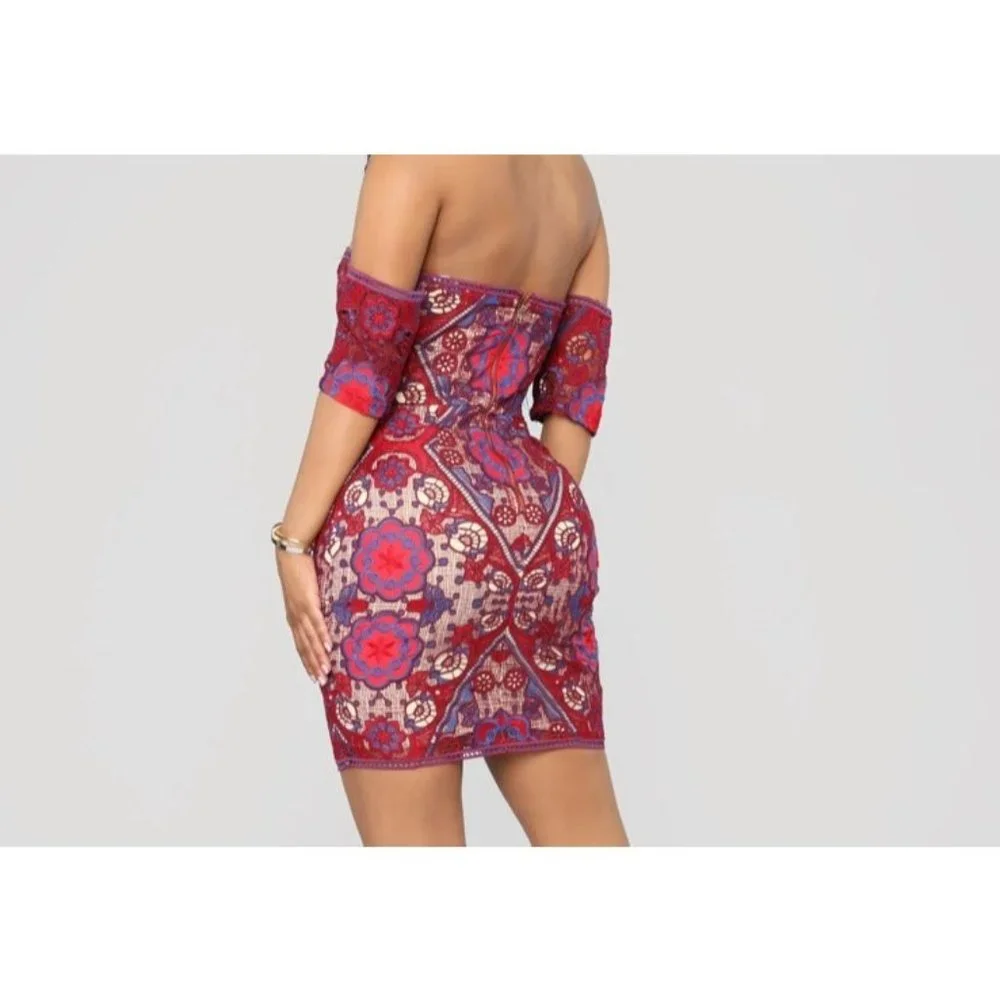 Dress red blue wine off the shoulder Crochet Lace Mini Dress - Picture 8 of 9
